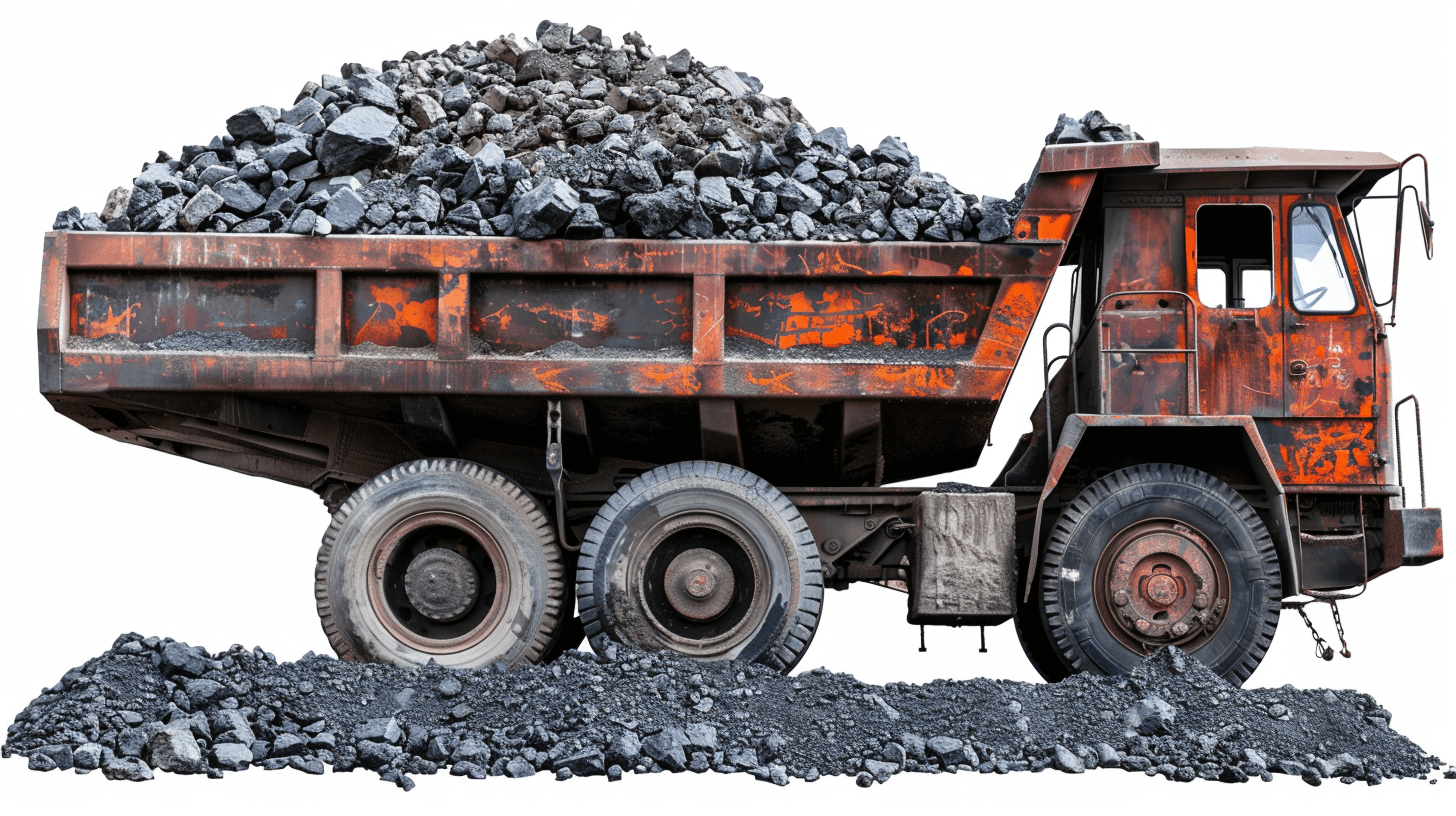 A large truck full of coal, isolated on white background with clipping path. Full body photograph of dump trucks loading rocks and stones for construction works.