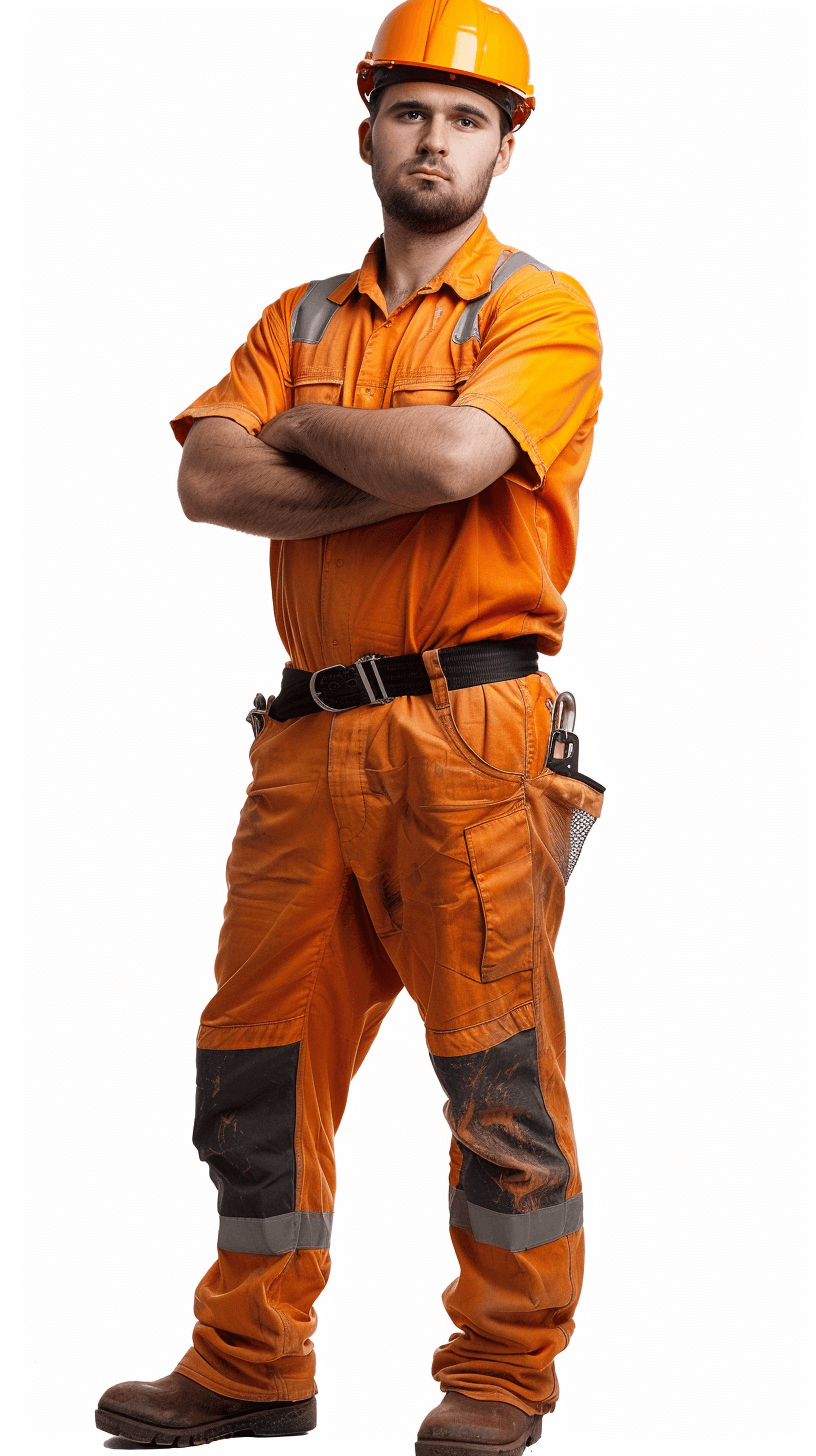 full body photo of an orange construction worker standing with his arms crossed, solid white background, stock photography, professional color grading, hyper realistic, hyper detailed and super quality