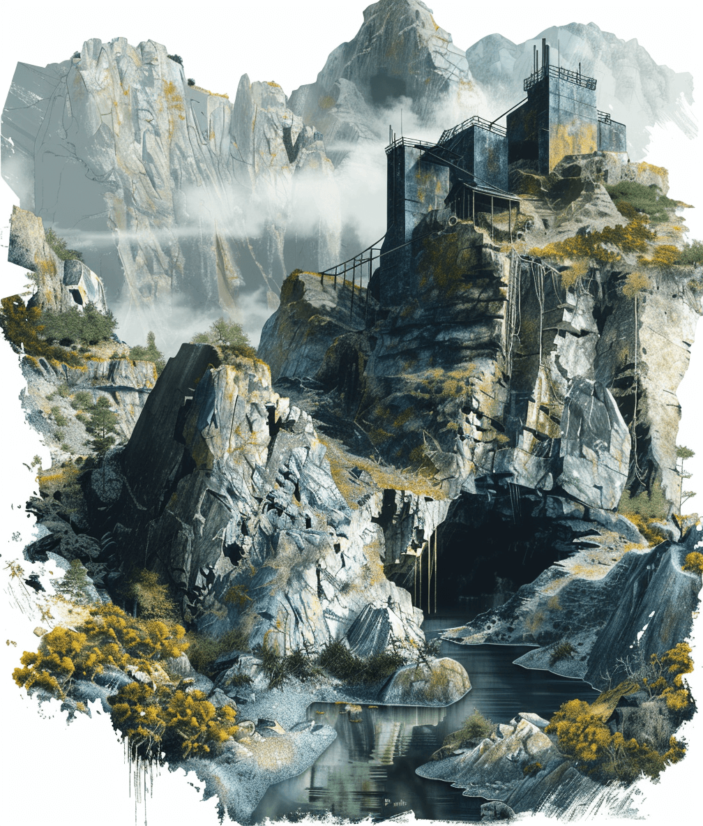 A fantasy concept art of an abandoned mountain mouth, with rocks and cliffs. There is also water flowing through the mountains in front. A small ruined building sits on top of one rock outcropping. Digital painting with brush strokes in the style of a painterly concept design sheet against a white background.