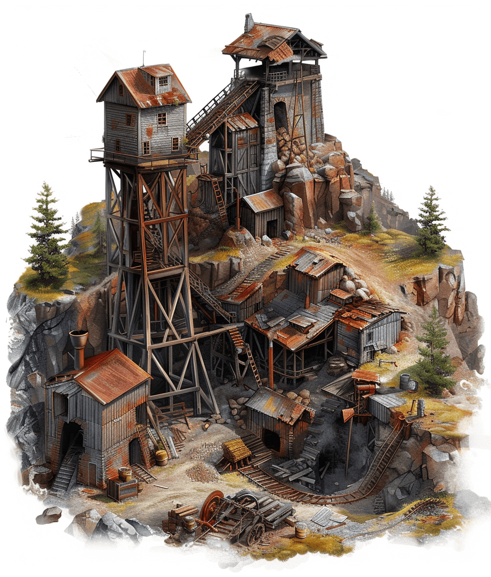 dnd style illustration of an old abandoned mining town with several wood and metal buildings, big wooden water wheel on the left side of building at top right corner, rocks around it, white background, fantasy artwork, concept art, detailed painting, high detail