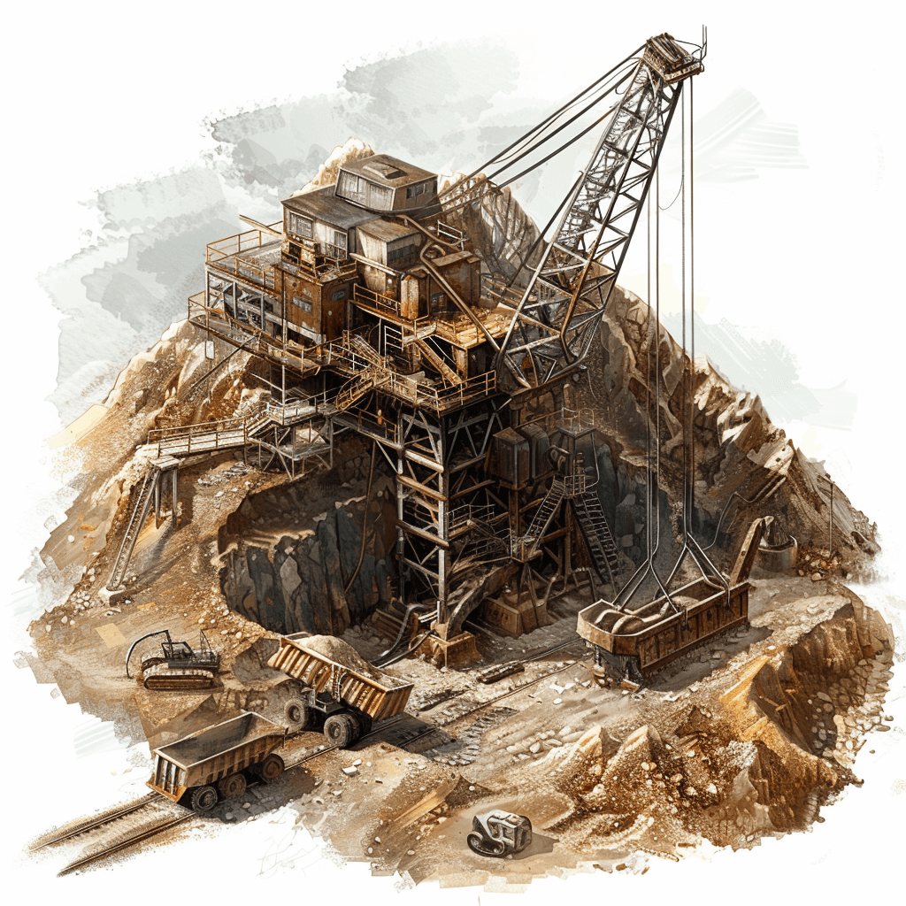 detailed digital painting of an old and worn out open pit mine with cranes, trucks and gradient brown earth on a white background in the style of rpg game art