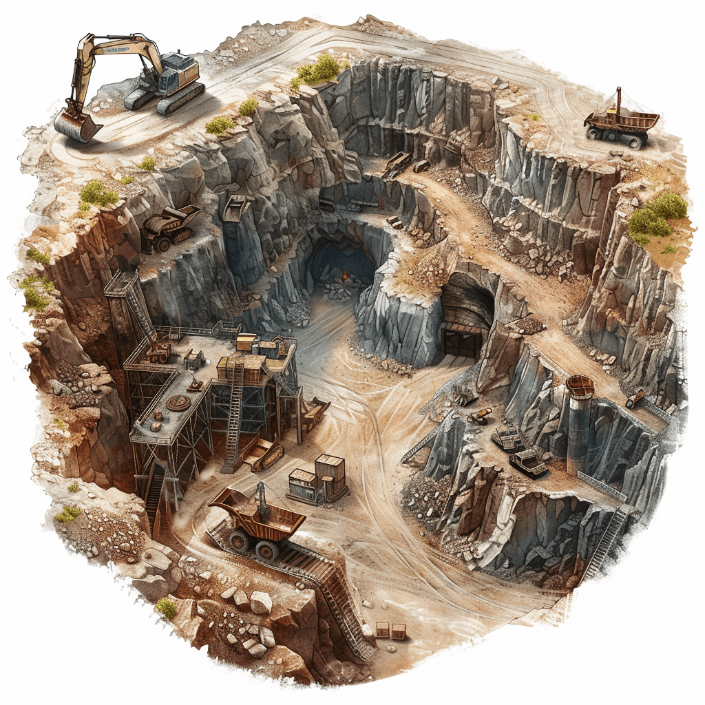 A highly detailed and realistic illustration of an open pit mine with heavy machinery, on white background, in the stlye of fantasy art. The focus is a topdown view of the mine, showing various stone types beingstyled into place for South African blue rock. In the style of concept art, digital painting, game assets, concept design sheet, 2d game art, fantasy artwork, concept art, concept illustrations, concept drawings by [Artgerm](https://goo.gl/search?artist%20Artgerm), [Mike Mignola](https://goo.gl/search?artist%20Mike%20Mignola), [Dan Mumford](https://goo.gl/search?artist%20Dan%20Mumford), [WLOP](https://goo.gl/search?artist%20WLOP), [Alphonse Mucha](https://goo.gl/search?artist%20Alphonse%20Mucha), [Frank Frazetta](https://goo.gl/search?artist%20Frank%20Frazetta), [Moebius](https://goo.gl/search?artist%20Moebius), [Greg Rutkowski](https://goo.gl/search?artist%20Greg%20Rutkowski), and Michael Wh