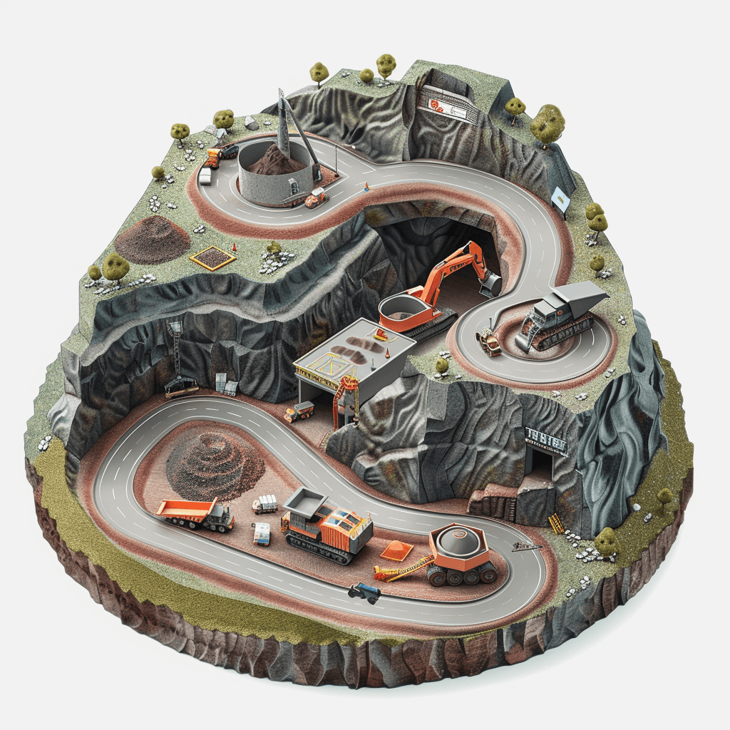 A realistic photo of an open pit mine with trucks and machinery, on a white background. The scene is depicted in the style of Pixar’s animation aesthetic. A toy-style 3D model is created using Blender software, featuring vibrant colors and a playful design. It includes a winding road leading to the mining site from which rock formations rise up. At one end there should be large rocks being trucked away in the style of excavators.