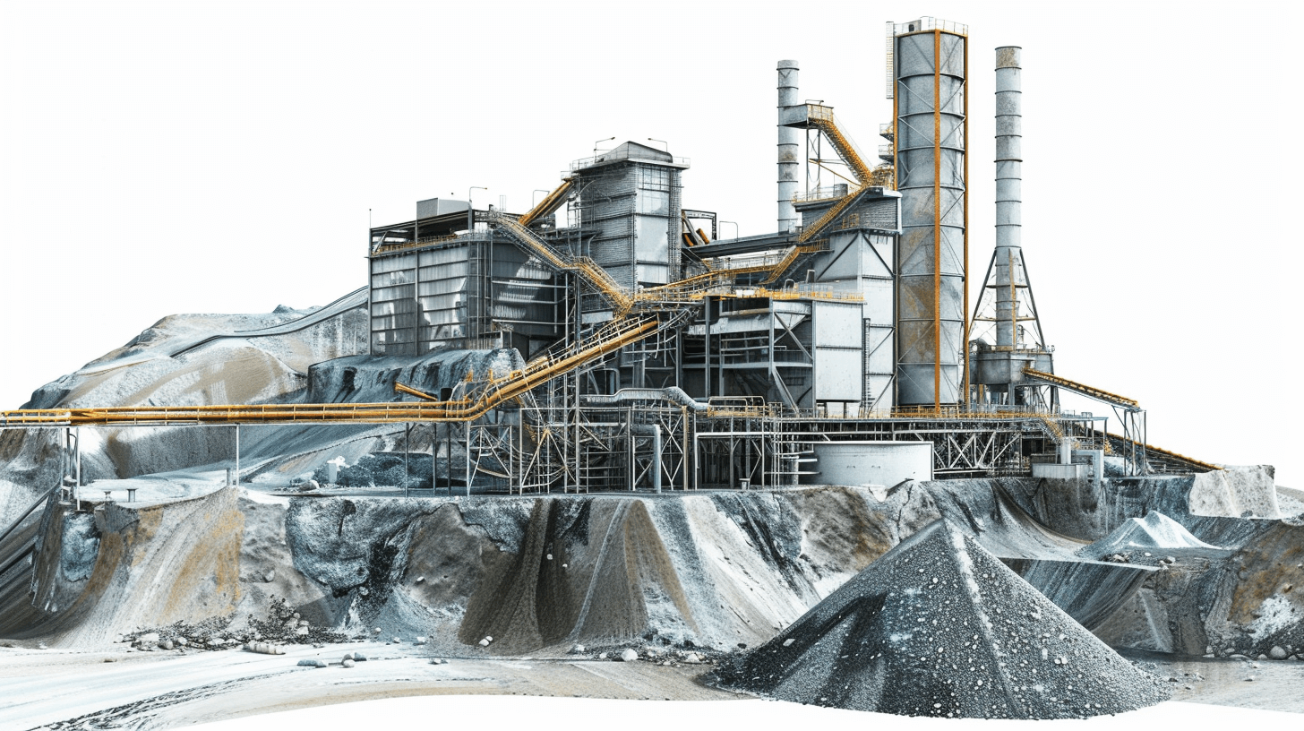 A highly detailed illustration of an industrial cement factory with piles of sand and rocks, white background, high resolution, in style of editorial illustrations, product design photography, sketchfab, white background, concept art by Michael Bay