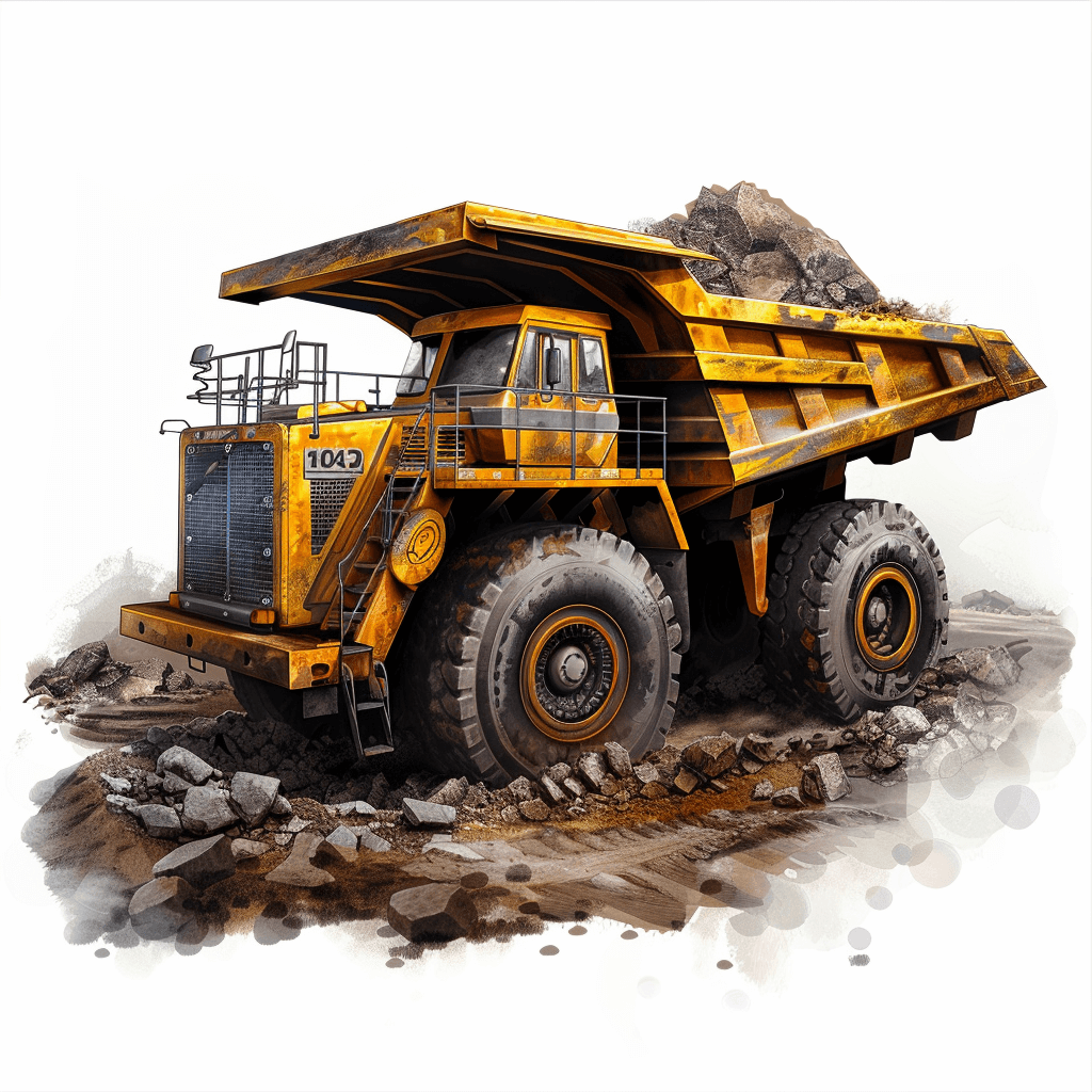 digital art of a yellow heavy mining truck on a white background, in a high resolution and highly detailed style. The digital painting is in the concept art style of highly realistic artwork.