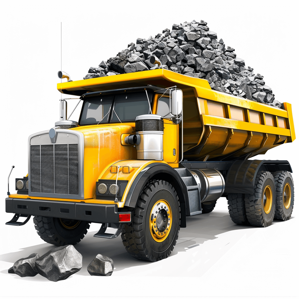 A yellow dump truck full of rocks, 3D rendering in the style of white background.