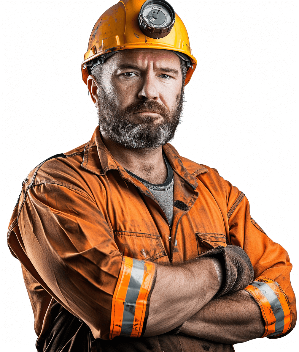 Portrait of a strong man in a miner’s helmet with crossed arms looking at the camera isolated on a white background, a detailed photo with a high resolution in the style of professional photography, a realistic style with soft shadows and clean sharp focus and a film grain effect.