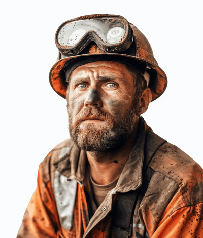 photo of a dirty and tired looking miner wearing a helmet against a white background, portrait style, looking to the side, high details as if in a studio with lighting, in the style of looking at the camera