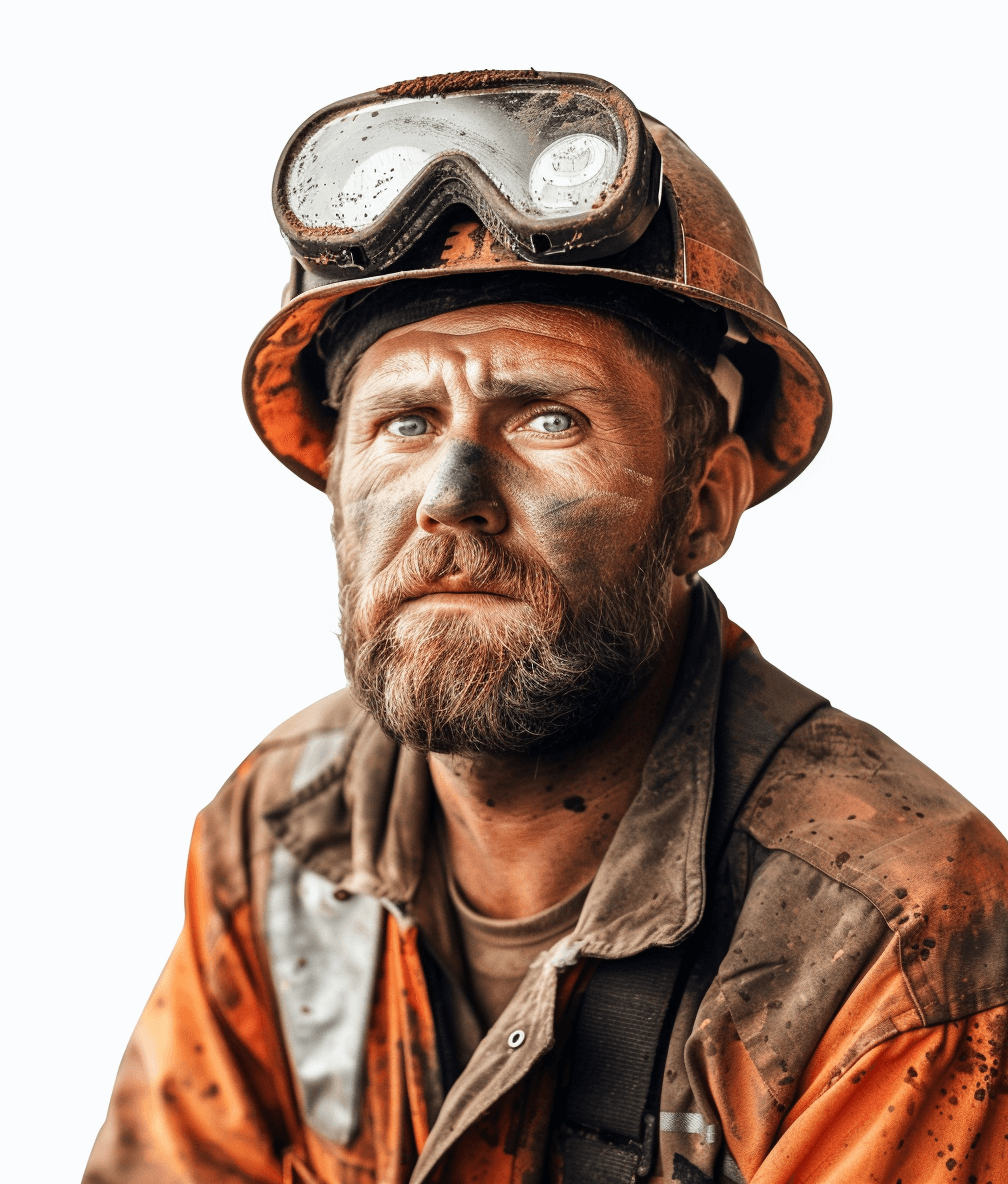 A portrait of an American miner with a dirty face and helmet, looking to the side against a white background, in a style of high resolution photography.