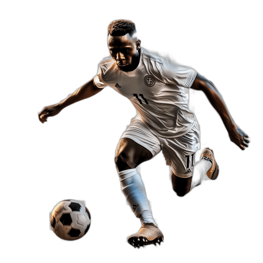 Soccer player in a white jersey with a ball on a black background, high speed photography, in the style of Disney, hyper realistic, full body shot, action pose, black shoes, African man