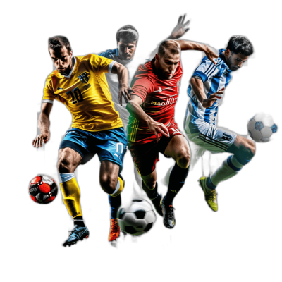 A photorealistic collage of four different soccer players in action, with one player about to shoot the ball and another holding it high on his chest. The background is black, highlighting their colorful uniforms and dynamic poses. High contrast lighting highlights each player's features against the dark backdrop.