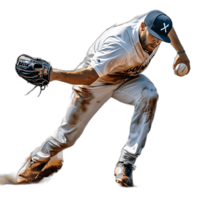 A baseball player in action, throwing the ball with his right hand wearing white pants and black shoes on an isolated background. He wears gloves and has a navy blue cap with an "X" logo. High resolution photography, detailed rendering, photo realistic style, hyperrealistic style, ultradetailed style, wide angle lens, sharp focus, studio lighting, high contrast.