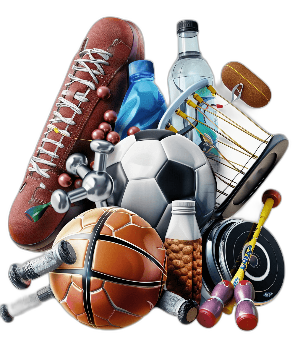 An illustration of various sports equipment and products, such as footballs, basketballs, water bottles, dumbbells, flax seeds, wine bottle, etc., on a black background. The overall composition is balanced with high resolution and in the style of hyperrealistic.