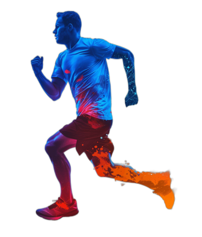 3D illustration of an athlete running, isolated on black background , blue and orange gradient color tone