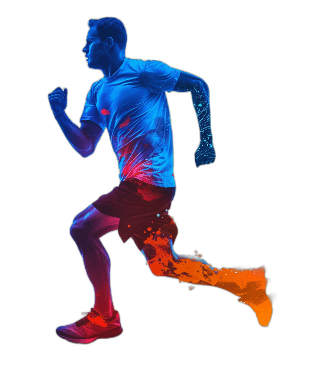 3D illustration of an athlete running, isolated on black background , blue and orange gradient color tone