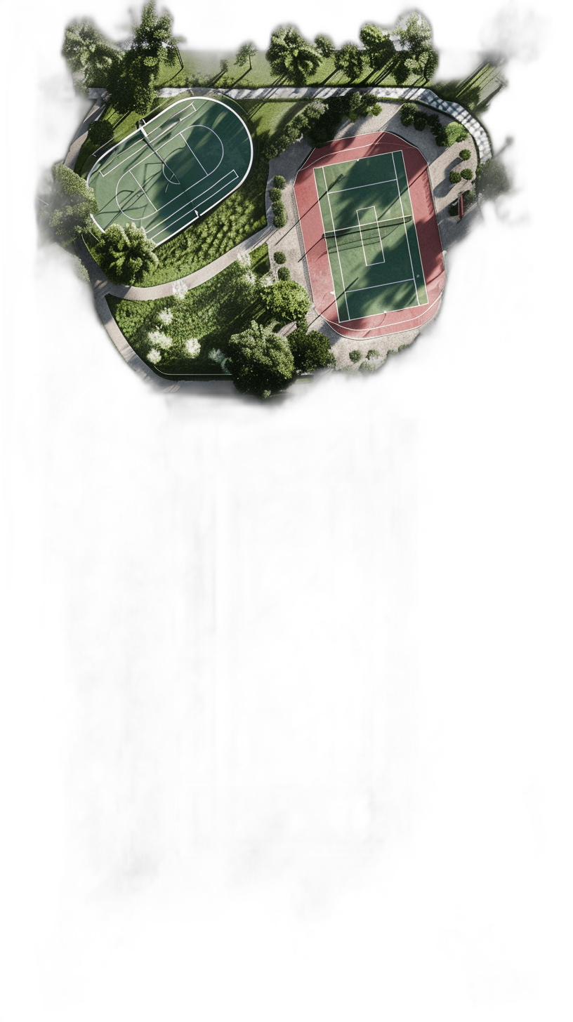 Aerial view of an outdoor sports complex with a football field, basketball court and tennis courts, surrounded by greenery on a black background. The illustration is in the style of a 3D rendering with soft shadows and detailed textures. Digital art techniques were used with a light color theme and high resolution. There is no text or symbols in the picture.