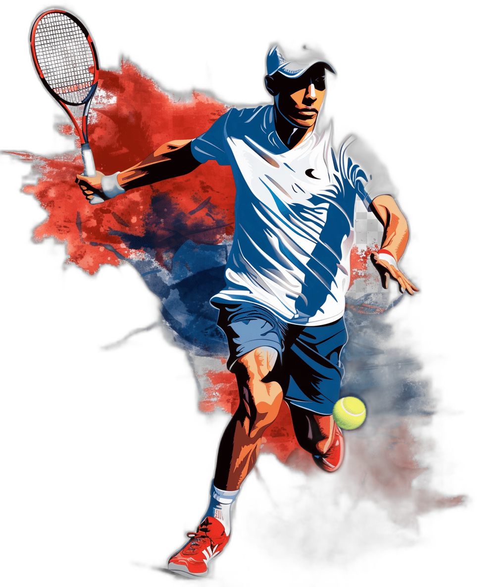 Tennis player in action, vector illustration with brush strokes and color splashes on a black background, using blue, white, and red colors. T-shirt design graphic in the vivid style of drawing, high resolution digital art.