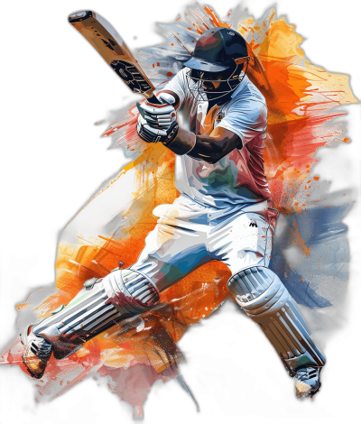 A cricket player playing cricket in an action shot, in the style of white and orange colors against a black background. A detailed illustration with dynamic brush strokes and watercolor splashes. A digital painting with high contrast and a vibrant color palette, in high resolution and high quality. Cinematic lighting in an HDR concept art style.