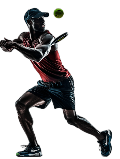 Tennis player playing tennis, wearing red and black with blue cap, full body pose, silhouette on solid background, photorealistic, high resolution, high details, sharp focus, high quality, high definition, high detail, high contrast, high natural light, hyper realistic, hyper detailed, hyper realistic photography