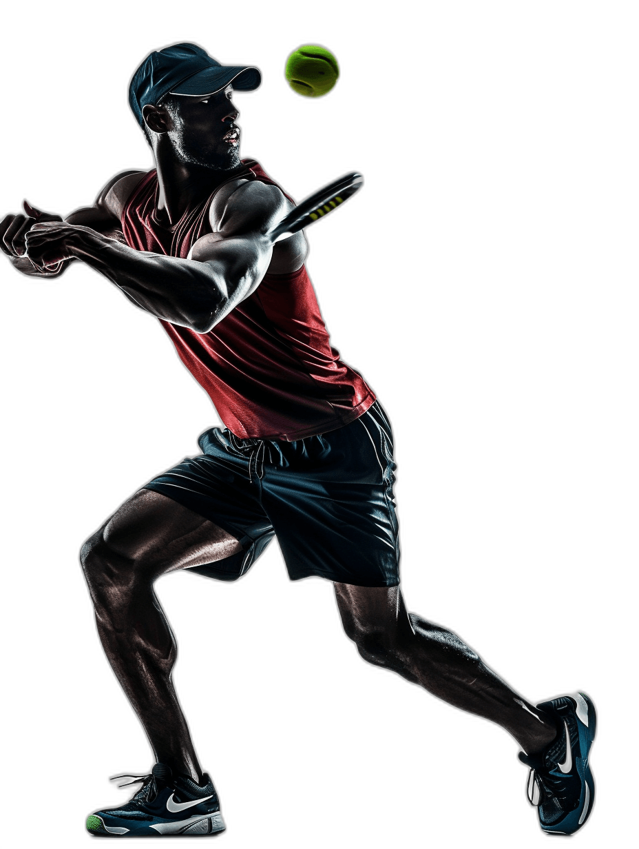 Tennis player playing tennis, wearing red and black with blue cap, full body pose, silhouette on solid background, photorealistic, high resolution, high details, sharp focus, high quality, high definition, high detail, high contrast, high natural light, hyper realistic, hyper detailed, hyper realistic photography