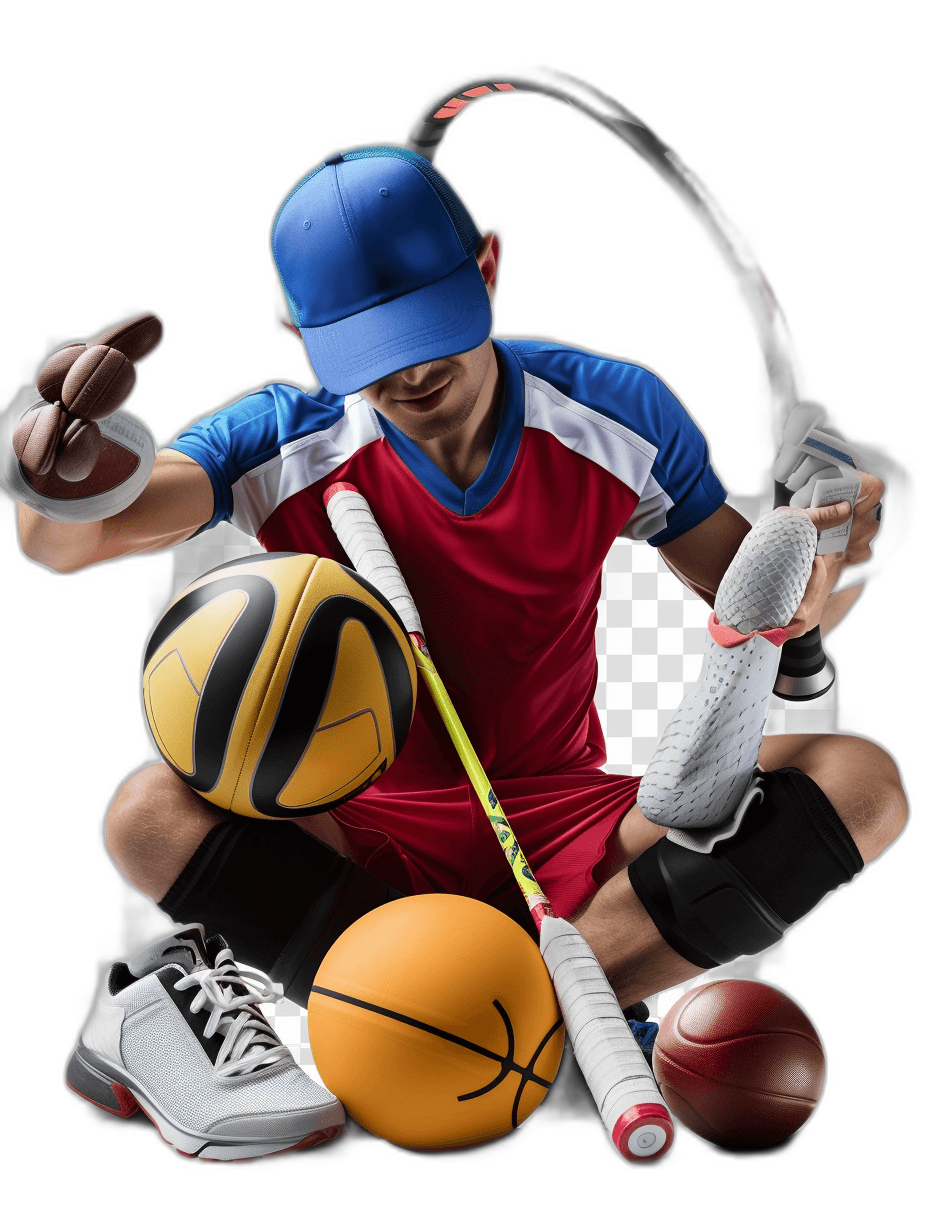 photorealistic cutout of a sportsman with various sports equipment, including a ball and bat, basketball shoes, a baseball cap, a tennis racket and a football on a black background