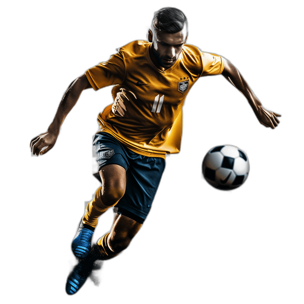 Realistic photograph of a Brazilian soccer player in a yellow and blue uniform, dribbling the ball on a black background, as a full body shot, with high contrast lighting and soft shadows, with no grainy textures or blurring, with sharp focus on the subject and a slight blur behind, capturing the action in midair, in the style of professional sports photography.