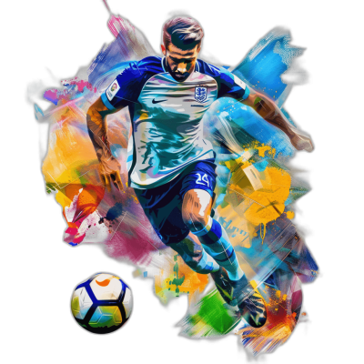 An artistic digital illustration of an English football player in action, with the ball flying towards him. The background should be abstract and colorful to highlight his movement and energy on a black color background. Ensure that he is wearing blue shorts, a white shirt, dark shoes and has short hair, giving off the impression as if you were watching from a first person perspective. A T-shirt design graphic, in the style of a vector contour flat composition, isolated on a clean background.