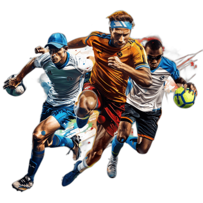 Create an artistic illustration of three sportsmen playing different sport on black background, one is running with ball in hand and other two play football wearing blue jersey and white cap , third man wear orange tshirt and red shorts , all have dynamic poses, professional lighting, isolated on the edges, high resolution