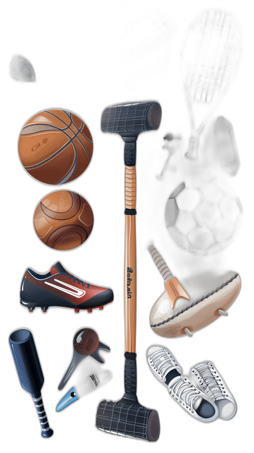 vector illustration of multiple sports equipment, including a baseball bat and ball, basketball with shoes, football boots, hockey stick, and sledgehammer on a black background, vector art, flat design, 2D, made in the style of a professional graphic designer, high resolution, very detailed, and very accurate.