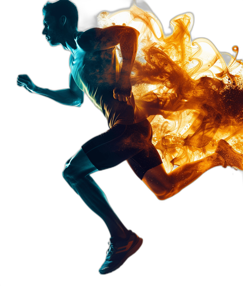 Create an illustration of the runner with flames in their back, running fast, full body shot, side view, isolated on black background, neon light blue and orange colors, high resolution photography, insanely detailed, fine details, isolated on white background, stock photo, ultradetailed, centered composition, natural lighting, 85mm lens f/20