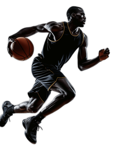 A full body shot of an African American basketball player running with the ball, isolated on a black background, in the photorealistic style of hyperrealism, in a high resolution photography style, with a Hasselblad x2d camera, with high details.