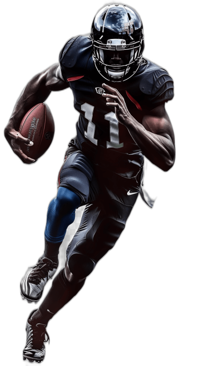 nfl player running with a football, wearing a navy blue and red uniform on a black background, in the style of hyper realistic, hyper detailed art