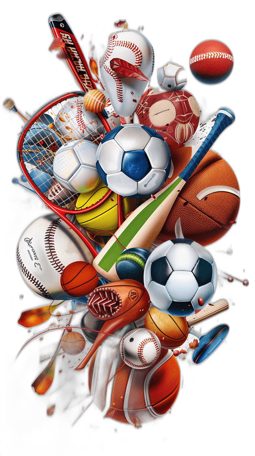 A dynamic composition of various sports equipment, including footballs and tennis rackets, in an explosion effect against a black background. The illustration is designed to be eye-catching with bold colors and intricate details on each object. It is perfect for advertising or promotional materials related to sport events or unique high-end goods.