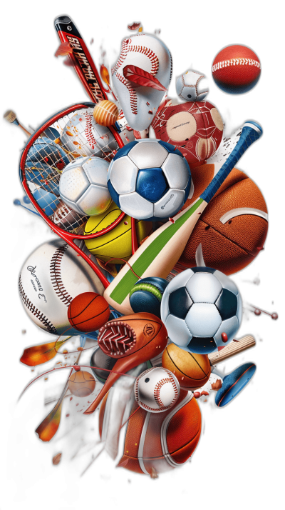 An artistic composition of various sports equipment, arranged in an explosion effect against a black background. The design includes baseball bats, tennis rackets, hockey sticks, soccer gloves, golf clubs, and more. Each piece is detailed with intricate textures to capture the essence of each sport. This artwork would make for a visually appealing t-shirt graphic that reflects your love for all sports. in the style of vieille Tara des Traderball de France et du ontozhe cuties des Paitaux.