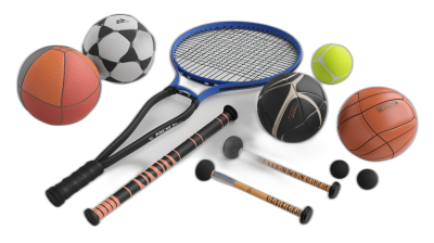 A collection of sports equipment, including tennis rackets and balls, soccer balls, baseball bats and more, isolated on a black background. Concept for a sport competition or fitness event, magazine cover design, stock photo, 3D render, in the style of various artists.