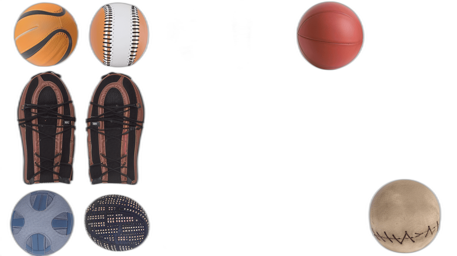 A collage of sports equipment, including basketballs and footballs, arranged in an overhead view on a black background. The items include two pairs of shoes. There is no text or other elements.