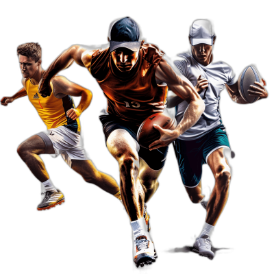 A photorealistic collage of three different sportsmen in action, one playing rugby, the second playing basketball and the third running with a football on a black background. They wear sports uniforms from various fashion brands such as Adidas or Nike. The colors should be bright yellow, white and blue to highlight their energy. This photo will showcase diversity in sports by highlighting players engaged in each individual game in the style of photorealism.