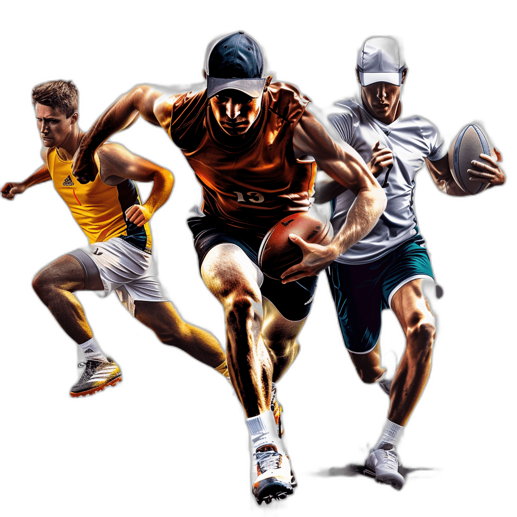 A photorealistic collage of three different sportsmen in action, one playing rugby, the second playing basketball and the third running with a football on a black background. They wear sports uniforms from various fashion brands such as Adidas or Nike. The colors should be bright yellow, white and blue to highlight their energy. This photo will showcase diversity in sports by highlighting players engaged in each individual game in the style of photorealism.