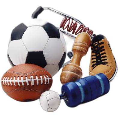 A collection of sports equipment, such as footballs and soccer balls, with a leg confining clip on top. The image is isolated against a black background. In front there is a blue plastic and wooden barbell and mallet. On one side next to it lies a pair of brown leather shoes. There is also a white tennis ball between them. All these objects are placed together in a closeup. This photo was taken using a Canon EOS R5 camera in the style of minimal editing of the original text.