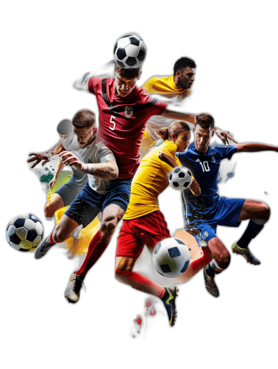 Illustration of football players in action on a black background in the realistic style, with different soccer team colors. The full-body players are depicted in midair kick and shoot poses, surrounded by flying balls. Clear details are shown like texture and skin color. High resolution, high quality photography with professional, hyperrealistic detail and high definition focus.