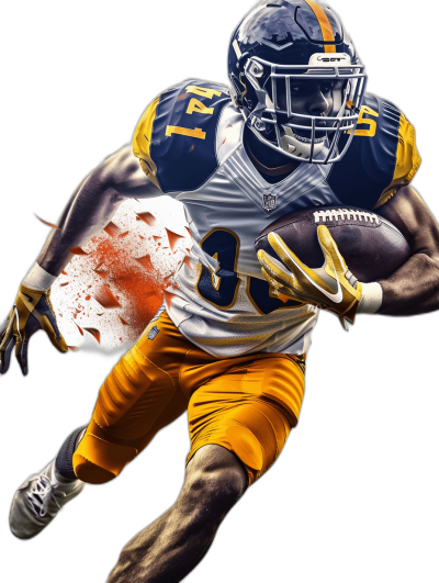 highly detailed, photorealistic illustration of a West Virginia Mountaineers football player in his uniform running with the ball on a black background, with yellow and blue colors and white numbers "20" on his chest, with cinematic lighting and an epic composition of vibrant scenery.