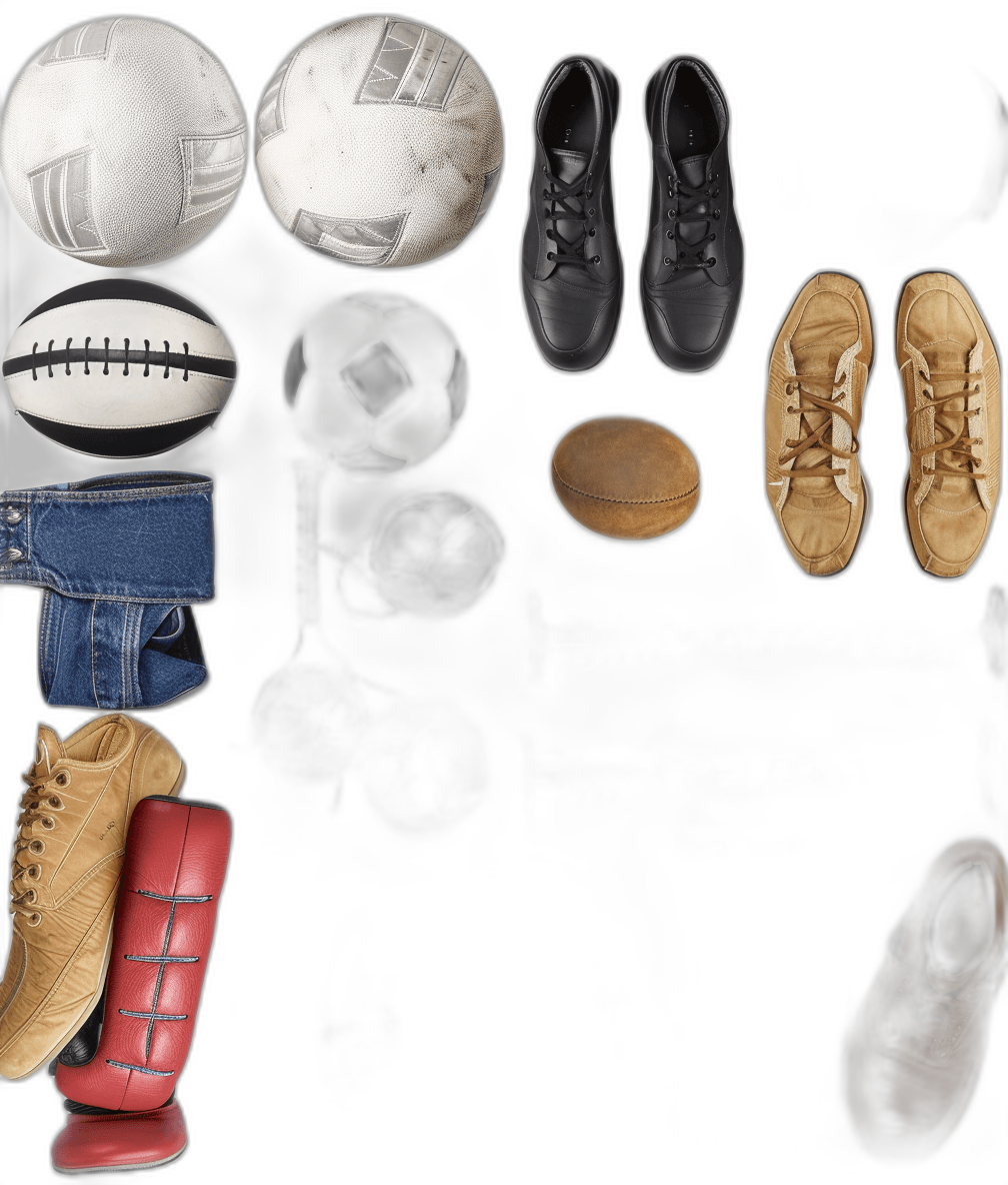 An array of sports equipment, including footballs and rugby balls, leather shoes, jeans and shoes lay on a black background in a top view. The depiction is minimalistic and photorealistic, with a hyperrealistic style and high resolution and detail.