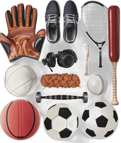 An illustration of various sports equipment, including balls and gloves, arranged in a grid on the left side. Items such as basketballs, baseball bats, soccer balls, headphones, shoes, golf clubs, tennis rackets are depicted. The artwork is rendered in a style reminiscent of Warhol in hard surface materials at high resolution.