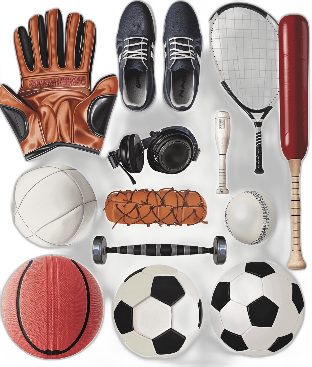 An illustration of various sports equipment, including balls and gloves, arranged in a grid on the left side. Items such as basketballs, baseball bats, soccer balls, headphones, shoes, golf clubs, tennis rackets are depicted. The artwork is rendered in a style reminiscent of Warhol in hard surface materials at high resolution.