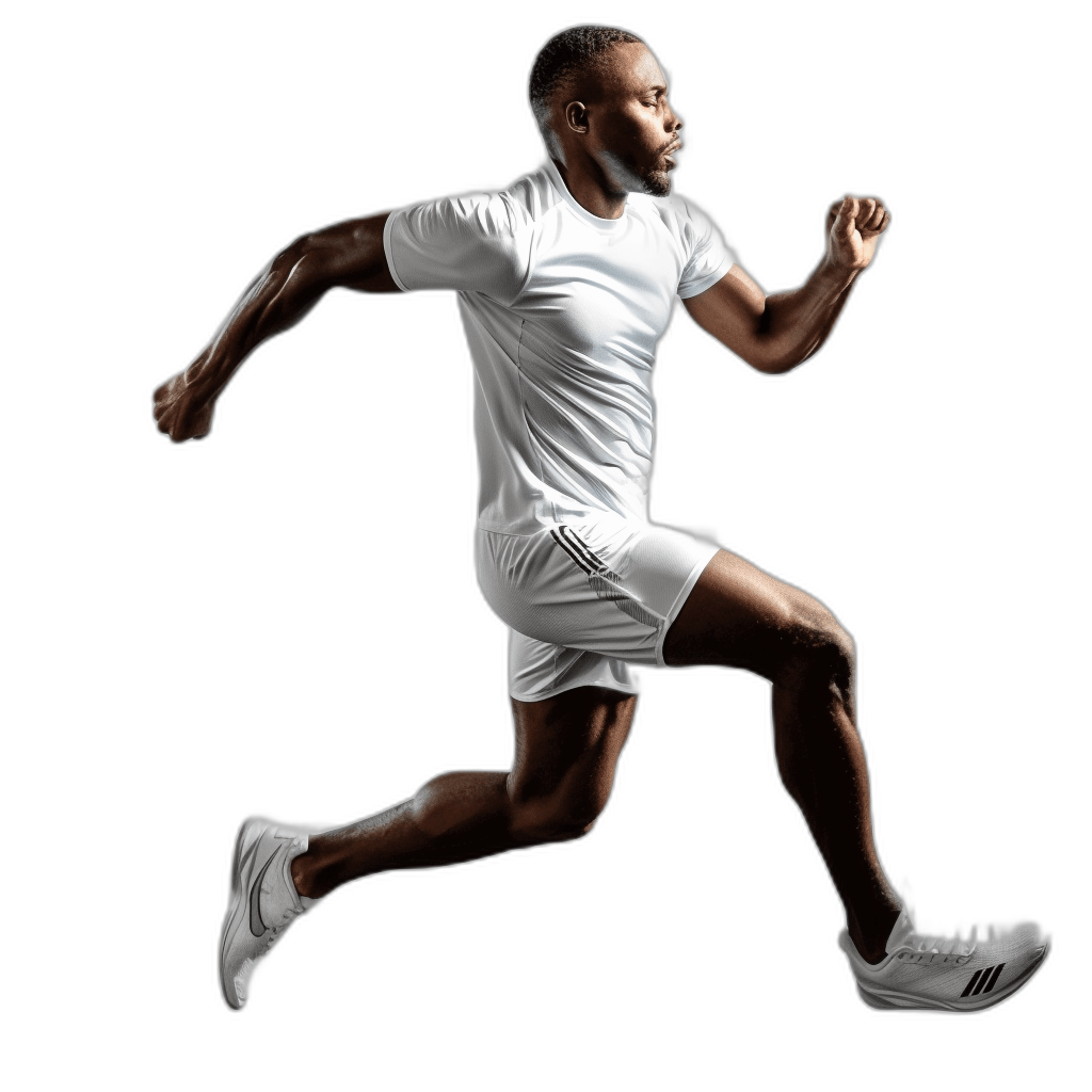 Black male athlete in white tshirt and shorts running, isolated on black background, full body shot, photorealistic