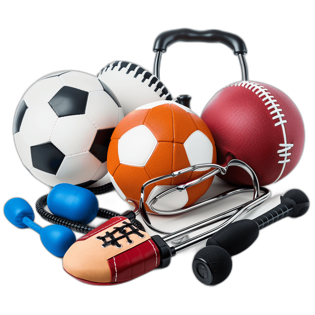 A collection of sports equipment, including footballs and balls, tennis r emCars and hand Petra on black background. In the center is an iron bar with dumbbells. A photo for advertising or promotional materials. The image should be isolated from all sides.