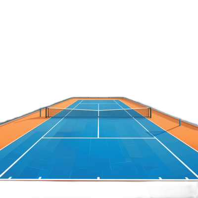 front view of blue orange tennis court, black background, 3d render, hyper realistic