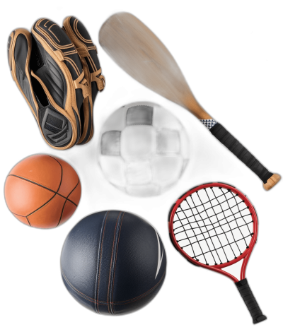 An image of various sports equipment including a ball, bat and gloves on a black background. The composition should include one basketball, two tennis rackets branching out from the center with a baseball glove at the top left corner and a bat at the right side of it. A hyper realistic photographic style.