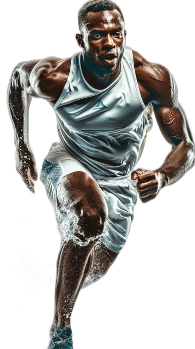 A black male athlete in white sportswear is running, with sweat dripping from his face and water droplets on the surface of his skin. The light illuminates him against a dark background. He has muscular legs and arms that show off strength as he runs forward. His gaze looks determined to win, while sunlight shines through the lens. Isolated dark background. Full body shot. The photography is in the style of hyper realistic photography. High resolution image.