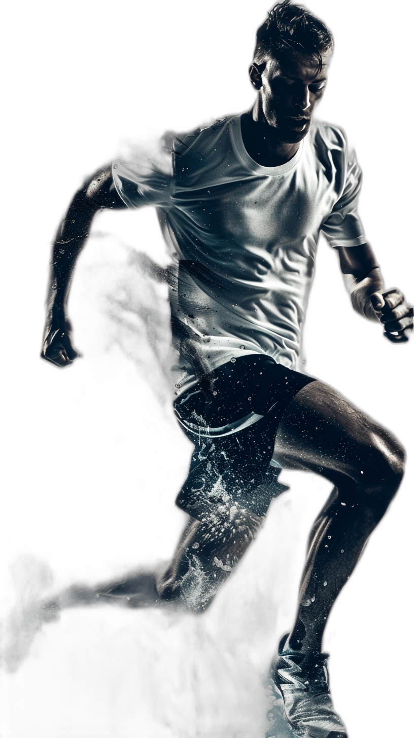 A dynamic photo of a male soccer player in a white t-shirt and black shorts, running with a ball on a dark background, light painting, white lighting flashes, long exposure, double exposure, water drops, an action shot, sports photography, a full body portrait in the style of action shot.